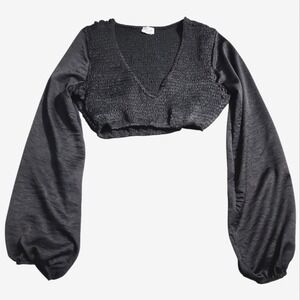 Le Lis Collection Smocked Crop Top Womens Black Long Balloon Sleeve V-Neck Boho